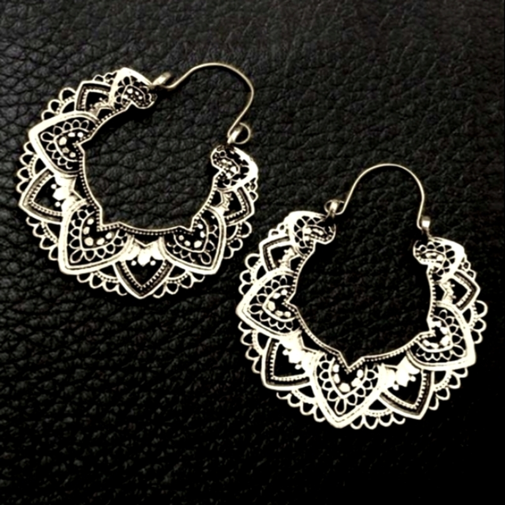 Ornate Silver Heart Filigree Statement Earrings Hoop Huggie Hoops New